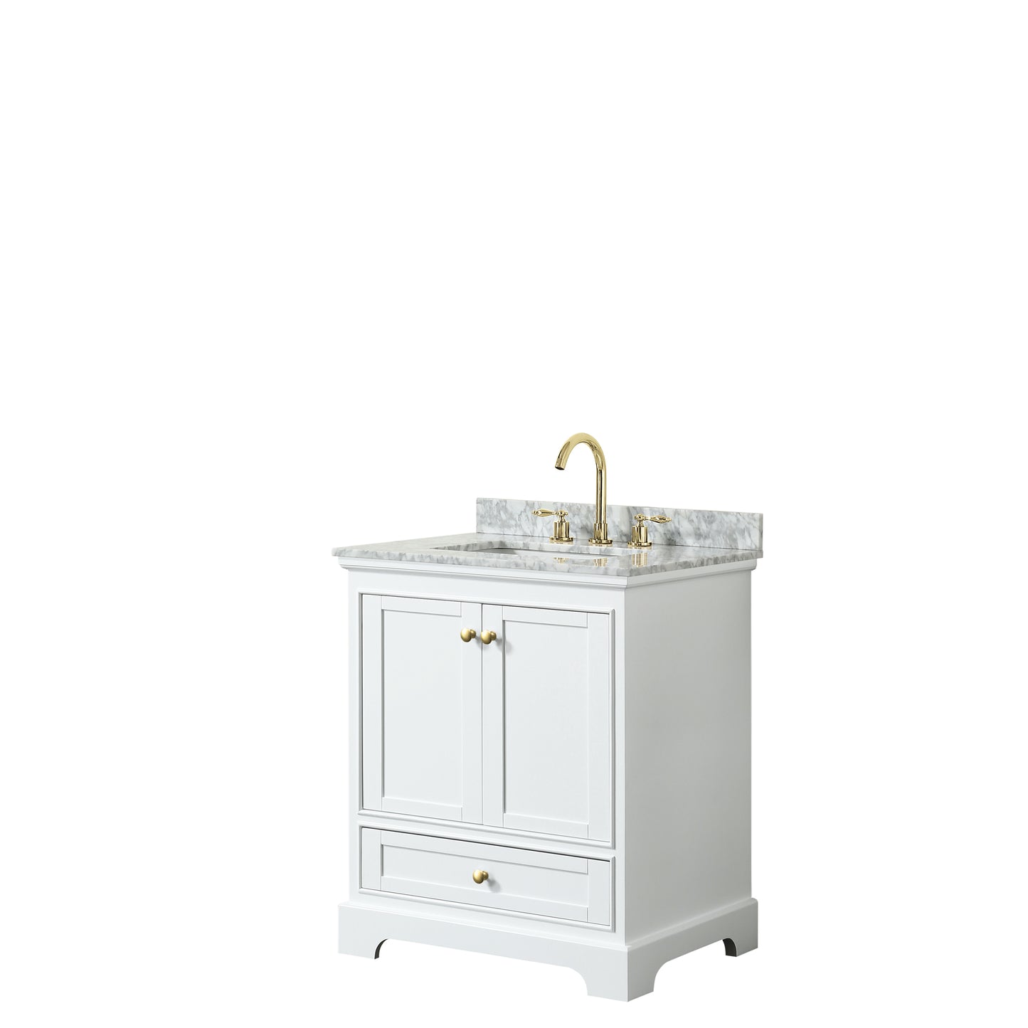 Wyndham Collection Deborah 30 Inch Single Bathroom Vanity in White, White Carrara Marble Countertop, Undermount Square Sink, Brushed Gold Trim - Luxe Bathroom Vanities