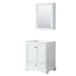 Wyndham Collection Deborah 30 Inch Single Bathroom Vanity in White, No Countertop, No Sink, Brushed Gold Trim, Medicine Cabinet - Luxe Bathroom Vanities