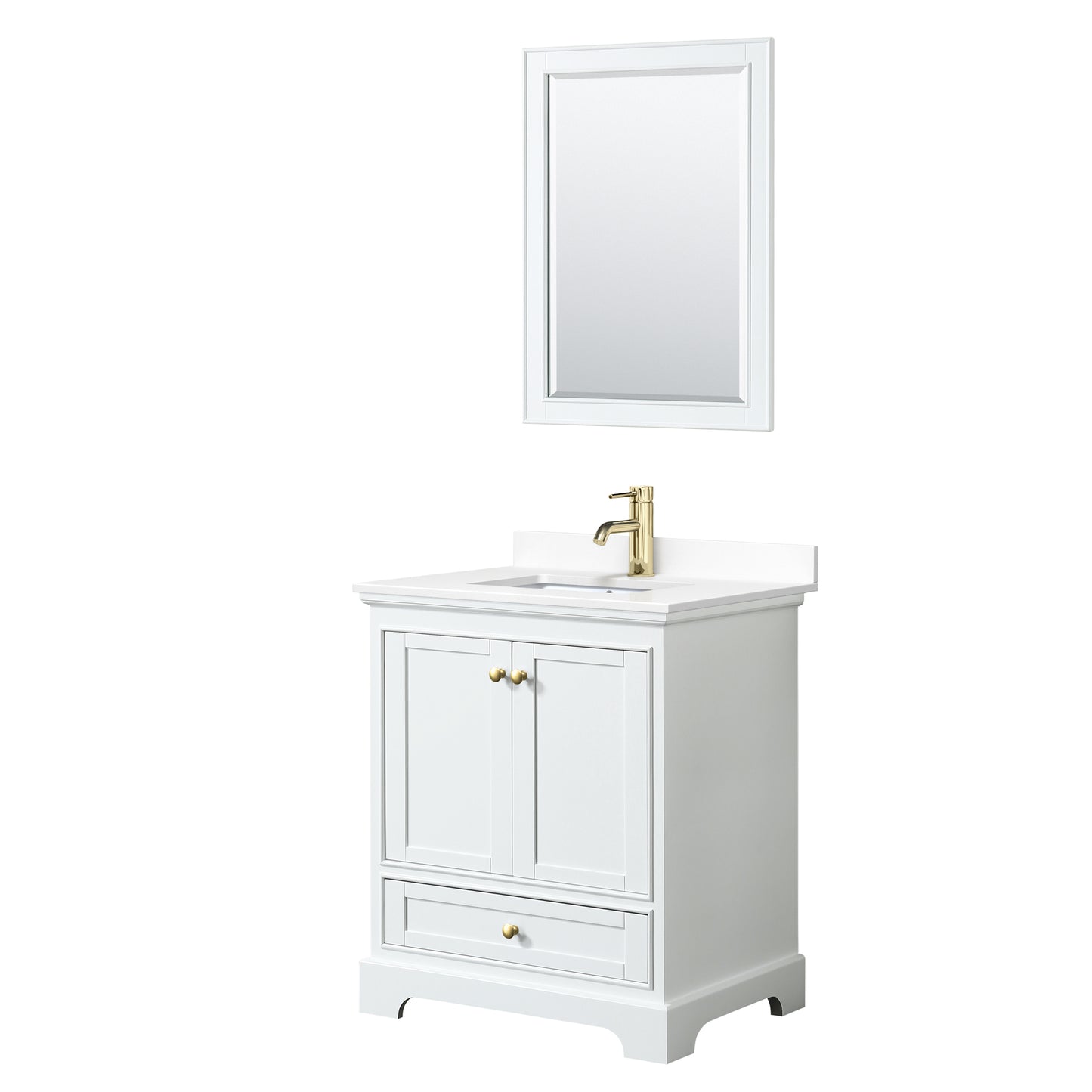 Wyndham Collection Deborah 30 Inch Single Bathroom Vanity in White, Marble Countertop, Undermount Square Sink, Brushed Gold Trim - Luxe Bathroom Vanities