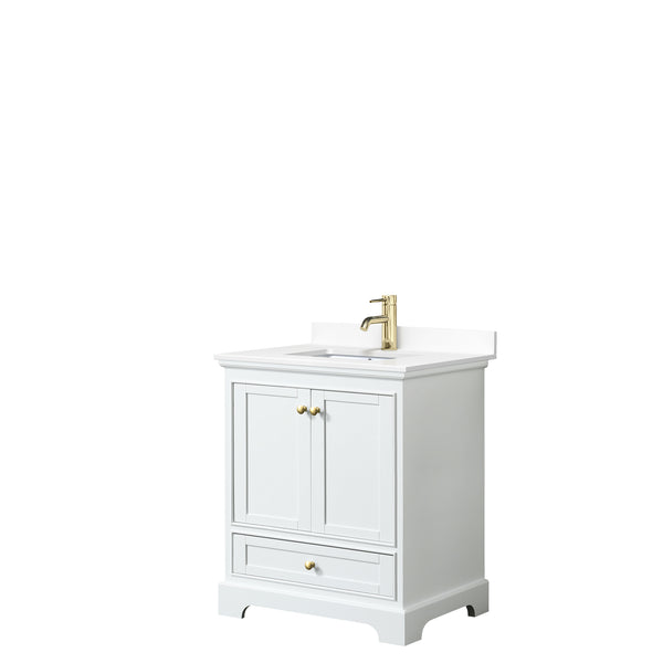 Wyndham Collection Deborah 30 Inch Single Bathroom Vanity in White, Marble Countertop, Undermount Square Sink, Brushed Gold Trim - Luxe Bathroom Vanities