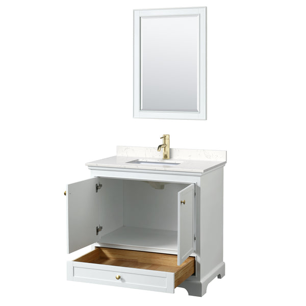 Wyndham Collection Deborah 36 Inch Single Bathroom Vanity in White, Marble Countertop, Undermount Square Sink, Brushed Gold Trim - Luxe Bathroom Vanities