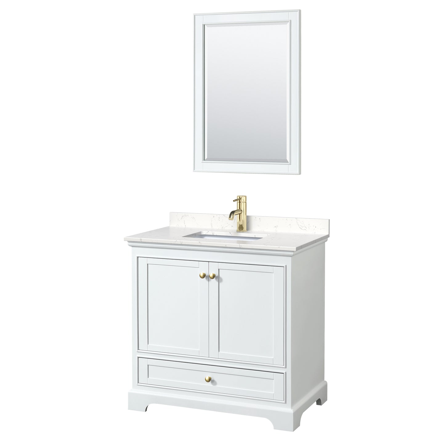 Wyndham Collection Deborah 36 Inch Single Bathroom Vanity in White, Marble Countertop, Undermount Square Sink, Brushed Gold Trim - Luxe Bathroom Vanities