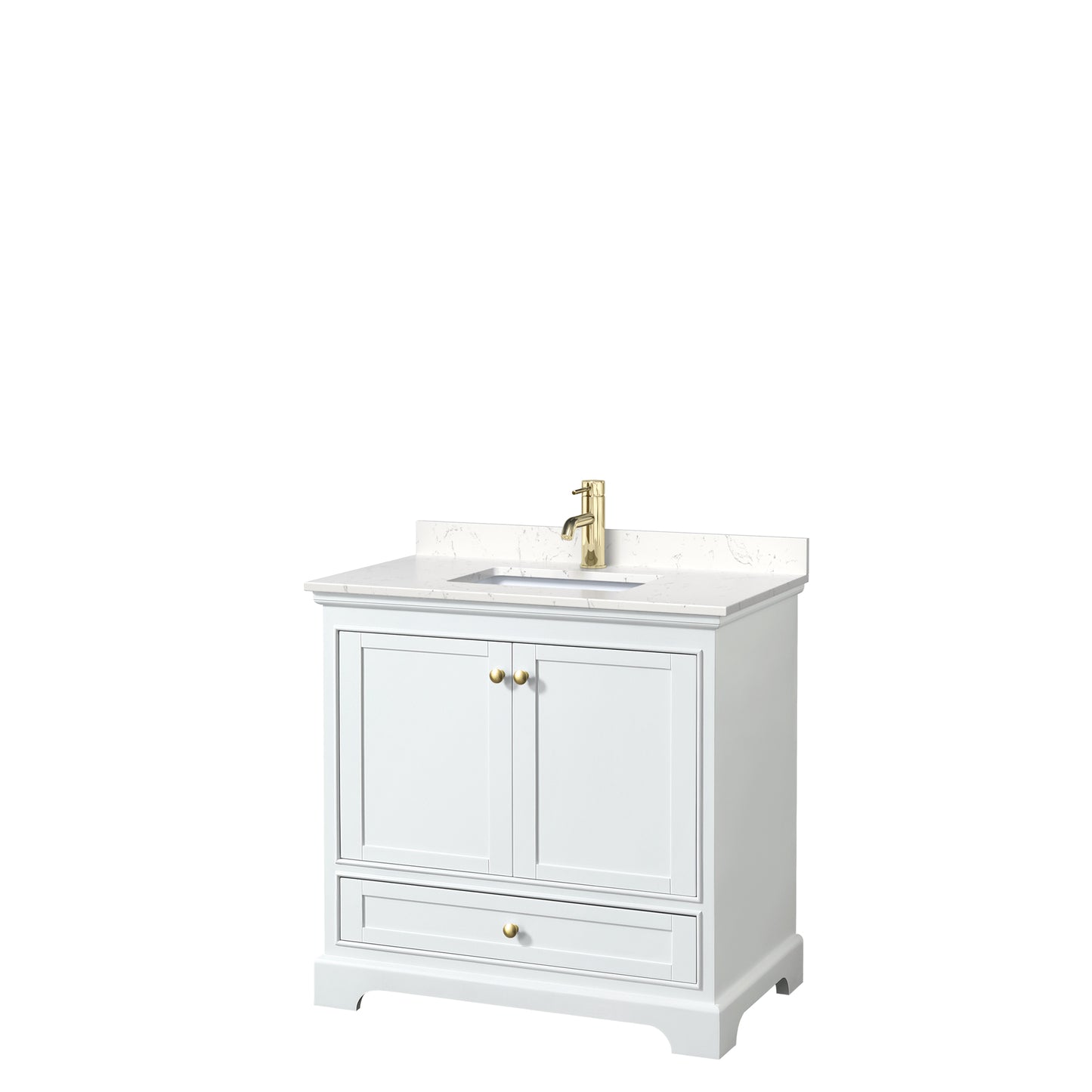 Wyndham Collection Deborah 36 Inch Single Bathroom Vanity in White, Marble Countertop, Undermount Square Sink, Brushed Gold Trim - Luxe Bathroom Vanities