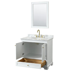 Wyndham Collection Deborah 36 Inch Single Bathroom Vanity in White, White Carrara Marble Countertop, Undermount Oval Sink, Brushed Gold Trim - Luxe Bathroom Vanities