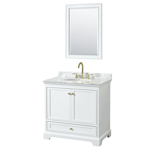 Wyndham Collection Deborah 36 Inch Single Bathroom Vanity in White, White Carrara Marble Countertop, Undermount Oval Sink, Brushed Gold Trim - Luxe Bathroom Vanities