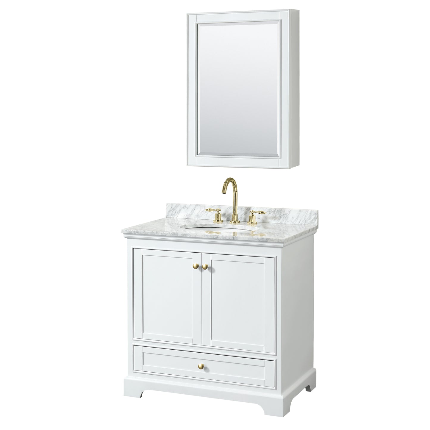 Wyndham Collection Deborah 36 Inch Single Bathroom Vanity in White, White Carrara Marble Countertop, Undermount Oval Sink, Brushed Gold Trim - Luxe Bathroom Vanities