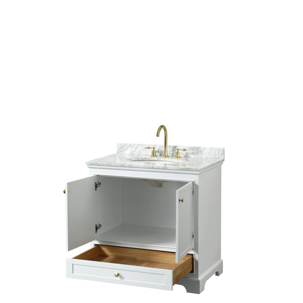 Wyndham Collection Deborah 36 Inch Single Bathroom Vanity in White, White Carrara Marble Countertop, Undermount Oval Sink, Brushed Gold Trim - Luxe Bathroom Vanities