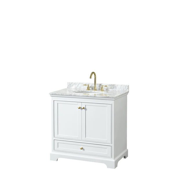 Wyndham Collection Deborah 36 Inch Single Bathroom Vanity in White, White Carrara Marble Countertop, Undermount Oval Sink, Brushed Gold Trim - Luxe Bathroom Vanities