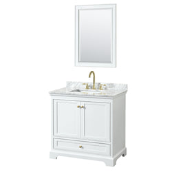 Wyndham Collection Deborah 36 Inch Single Bathroom Vanity in White, White Carrara Marble Countertop, Undermount Square Sink, Brushed Gold Trim - Luxe Bathroom Vanities