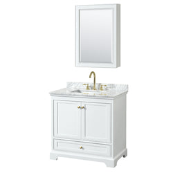 Wyndham Collection Deborah 36 Inch Single Bathroom Vanity in White, White Carrara Marble Countertop, Undermount Square Sink, Brushed Gold Trim - Luxe Bathroom Vanities