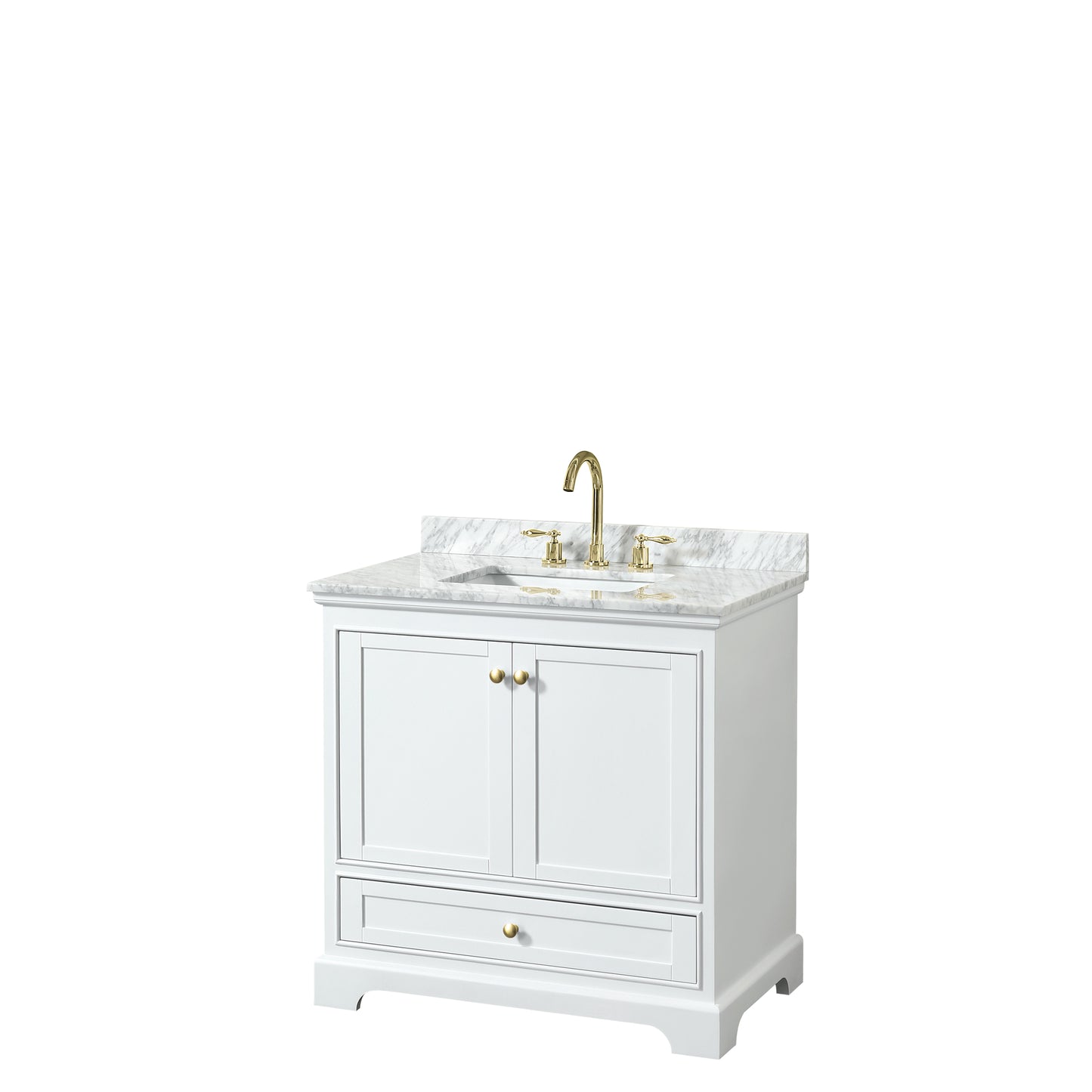 Wyndham Collection Deborah 36 Inch Single Bathroom Vanity in White, White Carrara Marble Countertop, Undermount Square Sink, Brushed Gold Trim - Luxe Bathroom Vanities