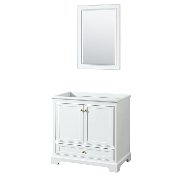 Wyndham Collection Deborah 36 Inch Single Bathroom Vanity in White, No Countertop, No Sink, Brushed Gold Trim, 24 Inch Mirror - Luxe Bathroom Vanities