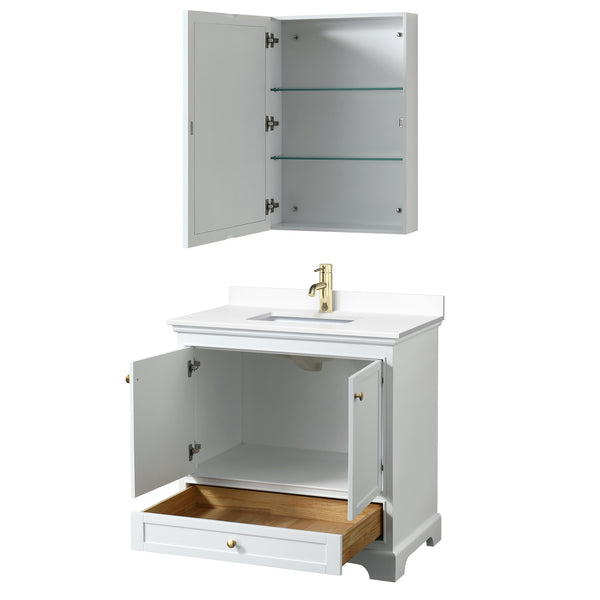 Wyndham Collection Deborah 36 Inch Single Bathroom Vanity in White, Marble Countertop, Undermount Square Sink, Brushed Gold Trim - Luxe Bathroom Vanities