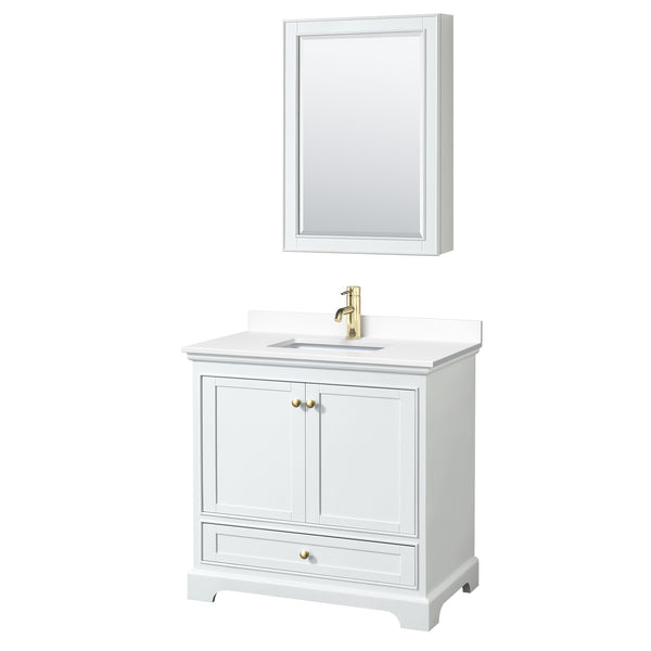 Wyndham Collection Deborah 36 Inch Single Bathroom Vanity in White, Marble Countertop, Undermount Square Sink, Brushed Gold Trim - Luxe Bathroom Vanities