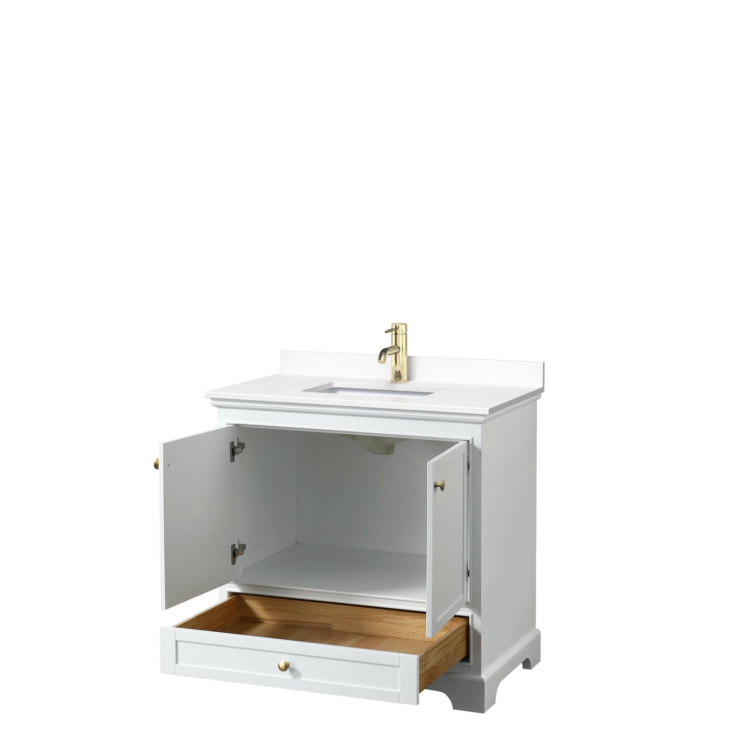 Wyndham Collection Deborah 36 Inch Single Bathroom Vanity in White, Marble Countertop, Undermount Square Sink, Brushed Gold Trim - Luxe Bathroom Vanities