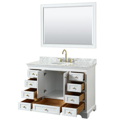 Wyndham Collection Deborah 48 Inch Single Bathroom Vanity in White, White Carrara Marble Countertop, Undermount Oval Sink, Brushed Gold Trim - Luxe Bathroom Vanities