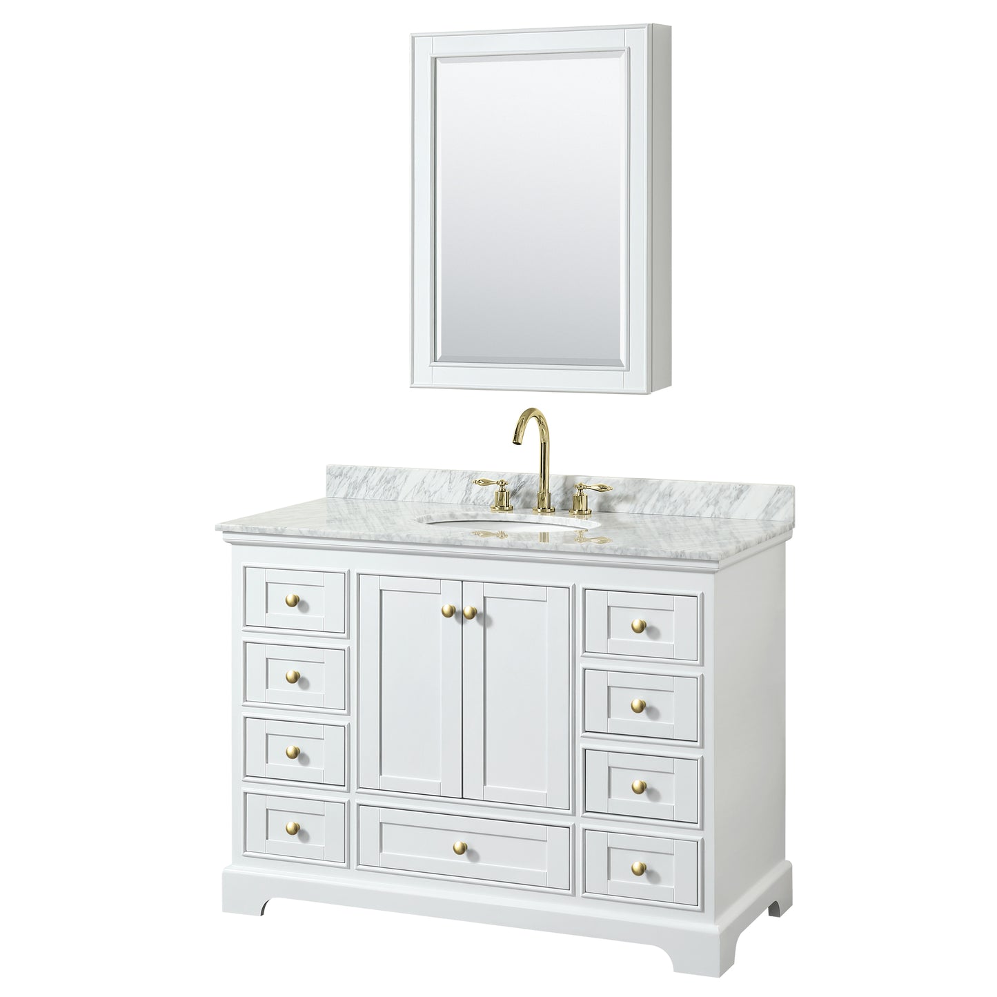 Wyndham Collection Deborah 48 Inch Single Bathroom Vanity in White, White Carrara Marble Countertop, Undermount Oval Sink, Brushed Gold Trim - Luxe Bathroom Vanities