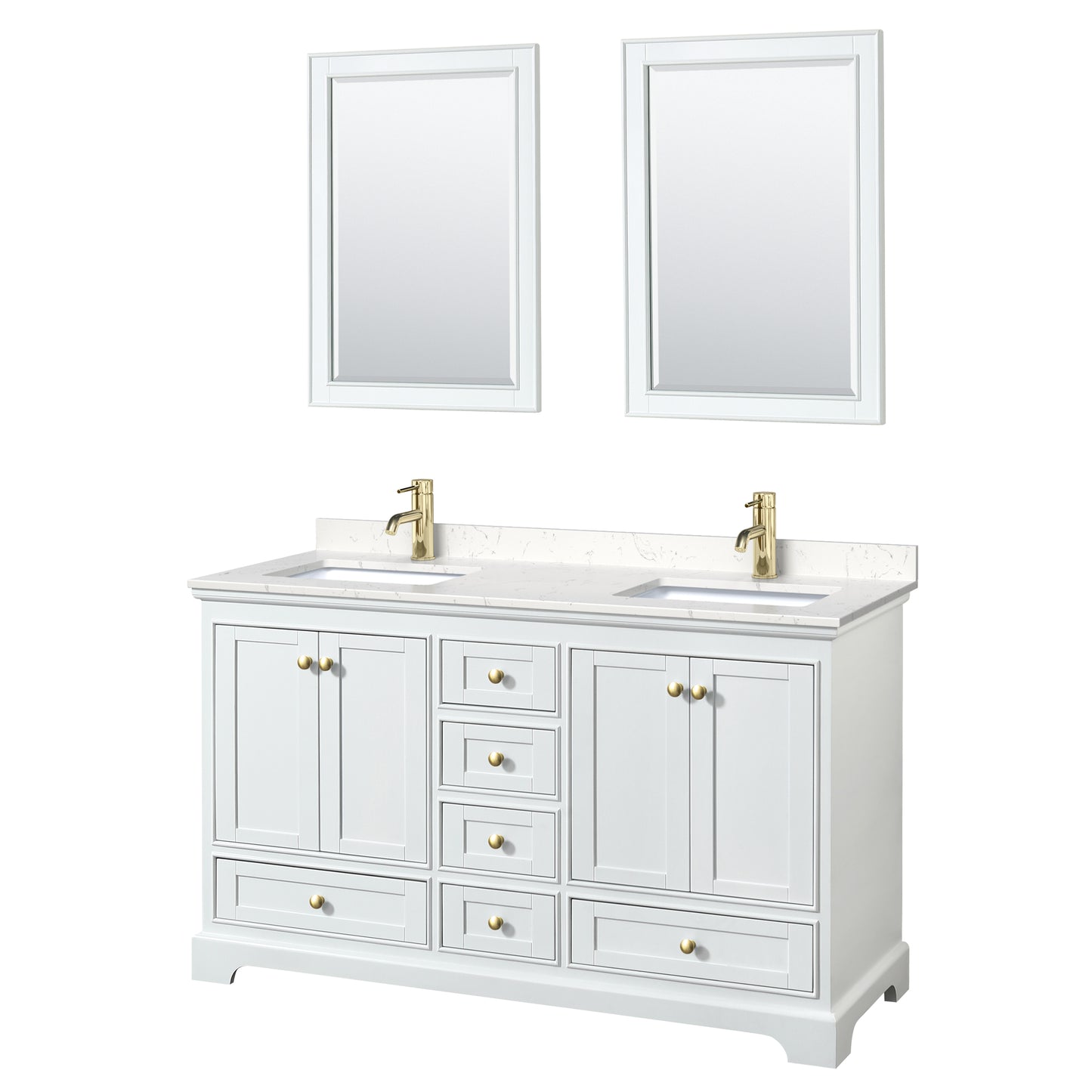 Wyndham Collection Deborah 60 Inch Double Bathroom Vanity in White, Marble Countertop, Undermount Square Sinks, Brushed Gold Trim - Luxe Bathroom Vanities