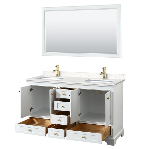 Wyndham Collection Deborah 60 Inch Double Bathroom Vanity in White, Marble Countertop, Undermount Square Sinks, Brushed Gold Trim - Luxe Bathroom Vanities