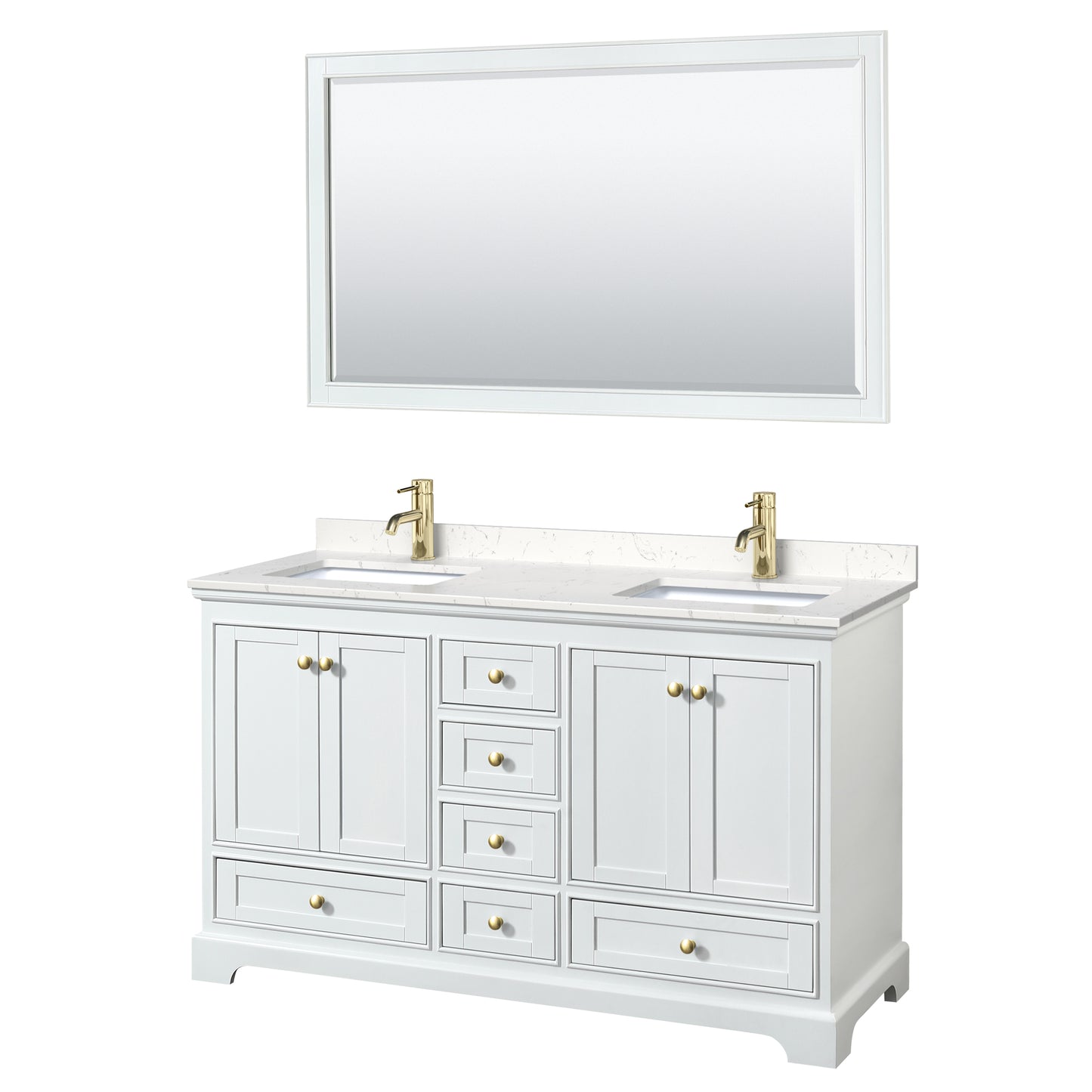 Wyndham Collection Deborah 60 Inch Double Bathroom Vanity in White, Marble Countertop, Undermount Square Sinks, Brushed Gold Trim - Luxe Bathroom Vanities