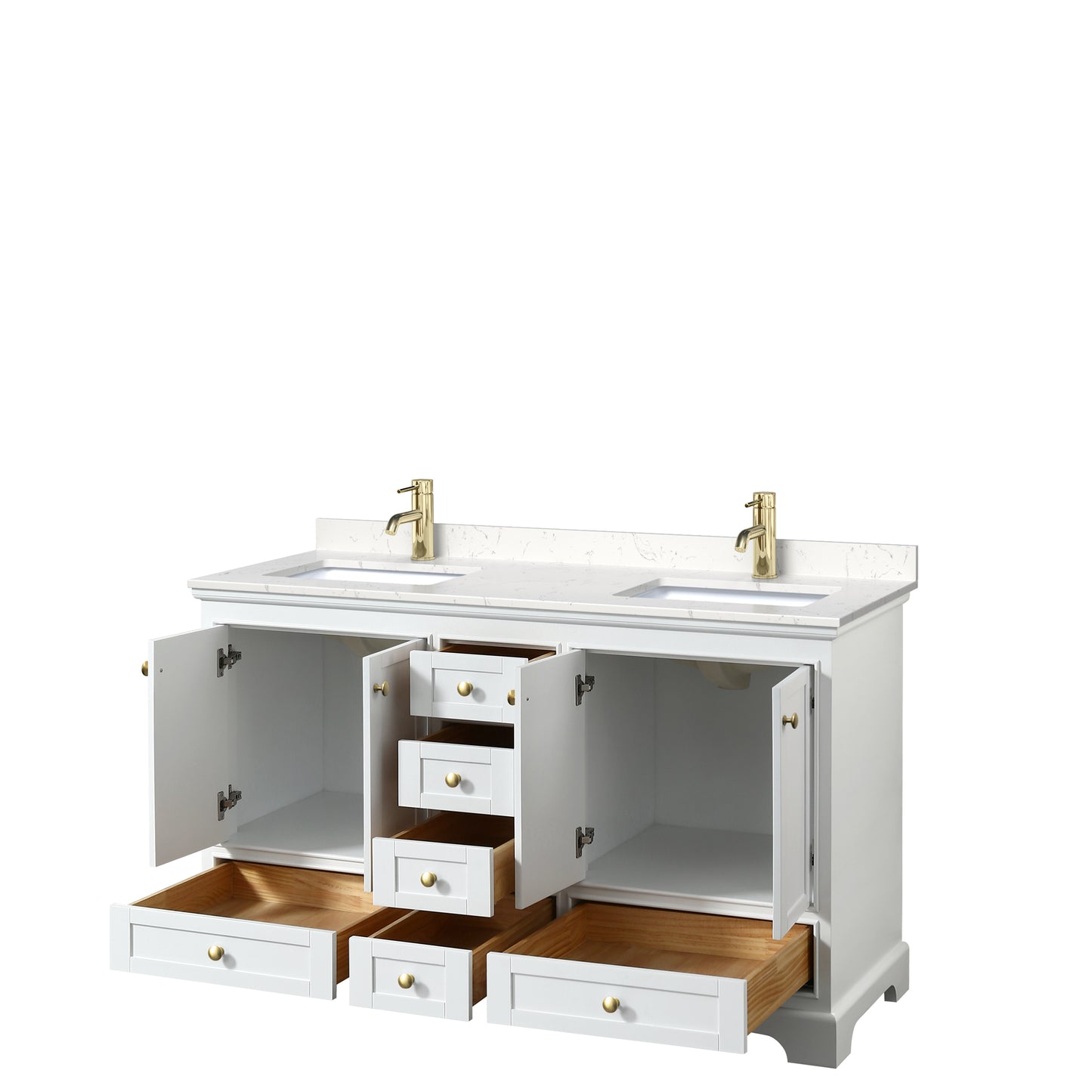 Wyndham Collection Deborah 60 Inch Double Bathroom Vanity in White, Marble Countertop, Undermount Square Sinks, Brushed Gold Trim - Luxe Bathroom Vanities