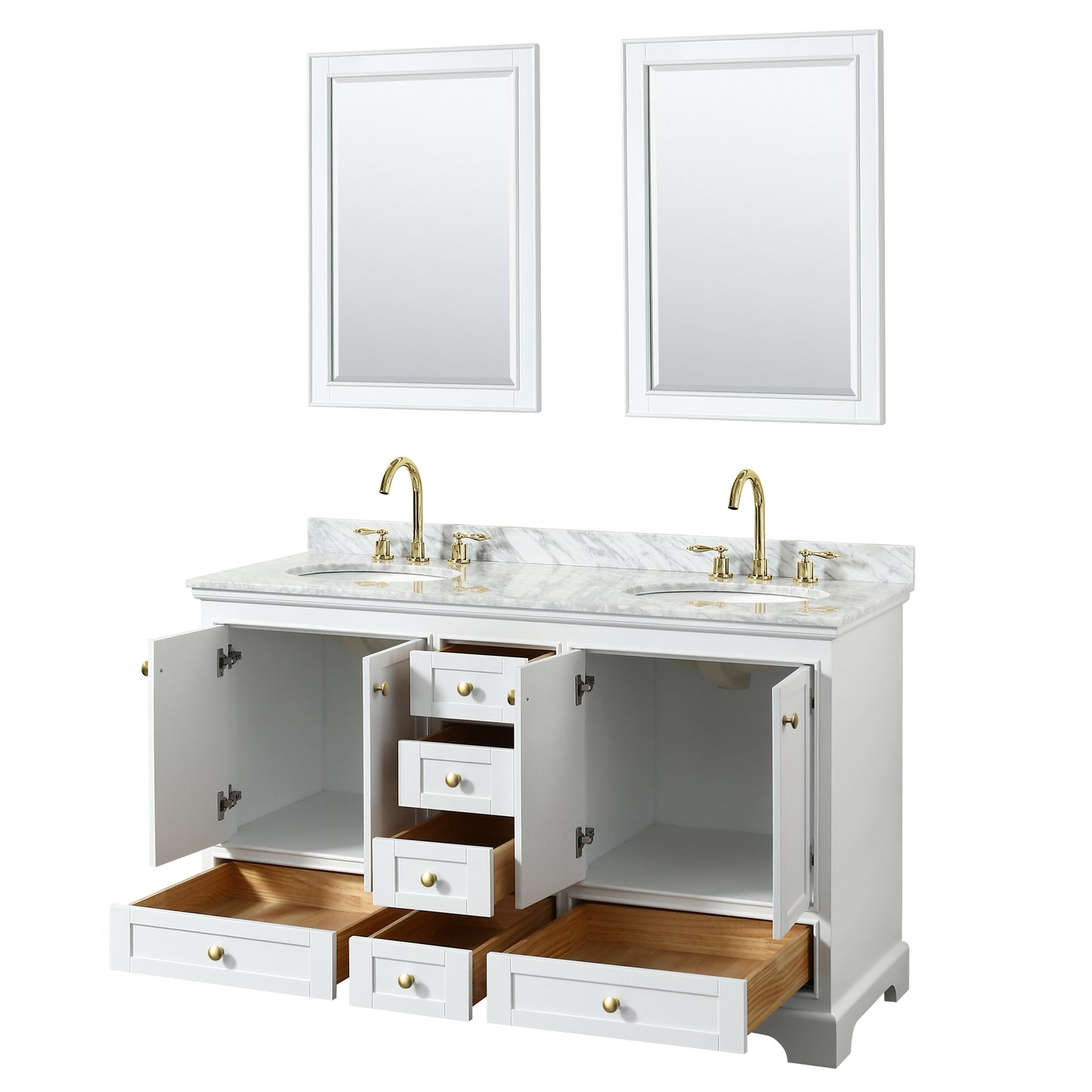 Wyndham Collection Deborah 60 Inch Double Bathroom Vanity in White, White Carrara Marble Countertop, Undermount Oval Sinks, Brushed Gold Trim - Luxe Bathroom Vanities