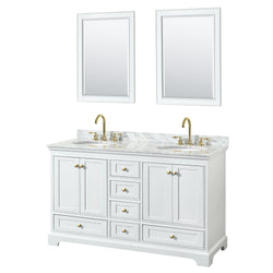 Wyndham Collection Deborah 60 Inch Double Bathroom Vanity in White, White Carrara Marble Countertop, Undermount Oval Sinks, Brushed Gold Trim - Luxe Bathroom Vanities