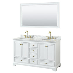 Wyndham Collection Deborah 60 Inch Double Bathroom Vanity in White, White Carrara Marble Countertop, Undermount Oval Sinks, Brushed Gold Trim - Luxe Bathroom Vanities