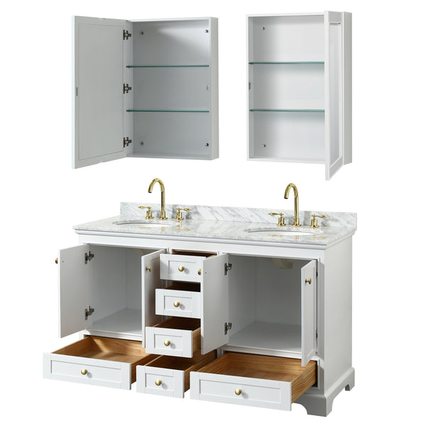 Wyndham Collection Deborah 60 Inch Double Bathroom Vanity in White, White Carrara Marble Countertop, Undermount Oval Sinks, Brushed Gold Trim - Luxe Bathroom Vanities