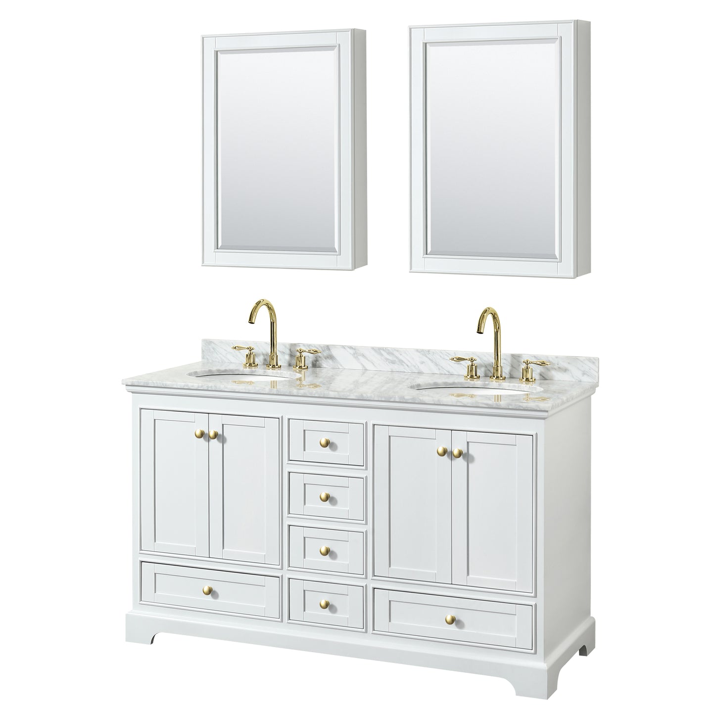 Wyndham Collection Deborah 60 Inch Double Bathroom Vanity in White, White Carrara Marble Countertop, Undermount Oval Sinks, Brushed Gold Trim - Luxe Bathroom Vanities