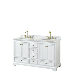 Wyndham Collection Deborah 60 Inch Double Bathroom Vanity in White, White Carrara Marble Countertop, Undermount Oval Sinks, Brushed Gold Trim - Luxe Bathroom Vanities