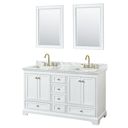 Wyndham Collection Deborah 60 Inch Double Bathroom Vanity in White, White Carrara Marble Countertop, Undermount Square Sinks, Brushed Gold Trim - Luxe Bathroom Vanities