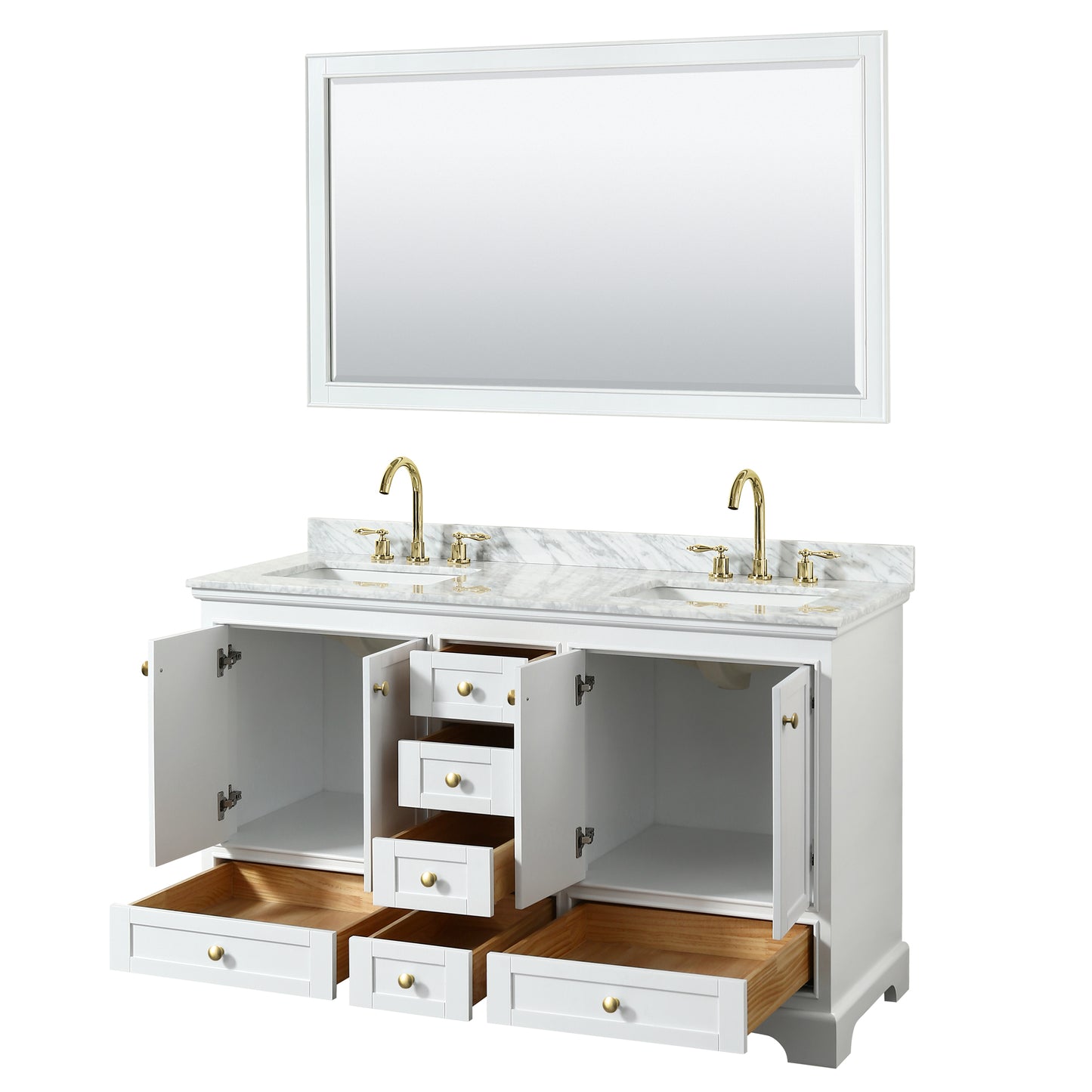 Wyndham Collection Deborah 60 Inch Double Bathroom Vanity in White, White Carrara Marble Countertop, Undermount Square Sinks, Brushed Gold Trim - Luxe Bathroom Vanities