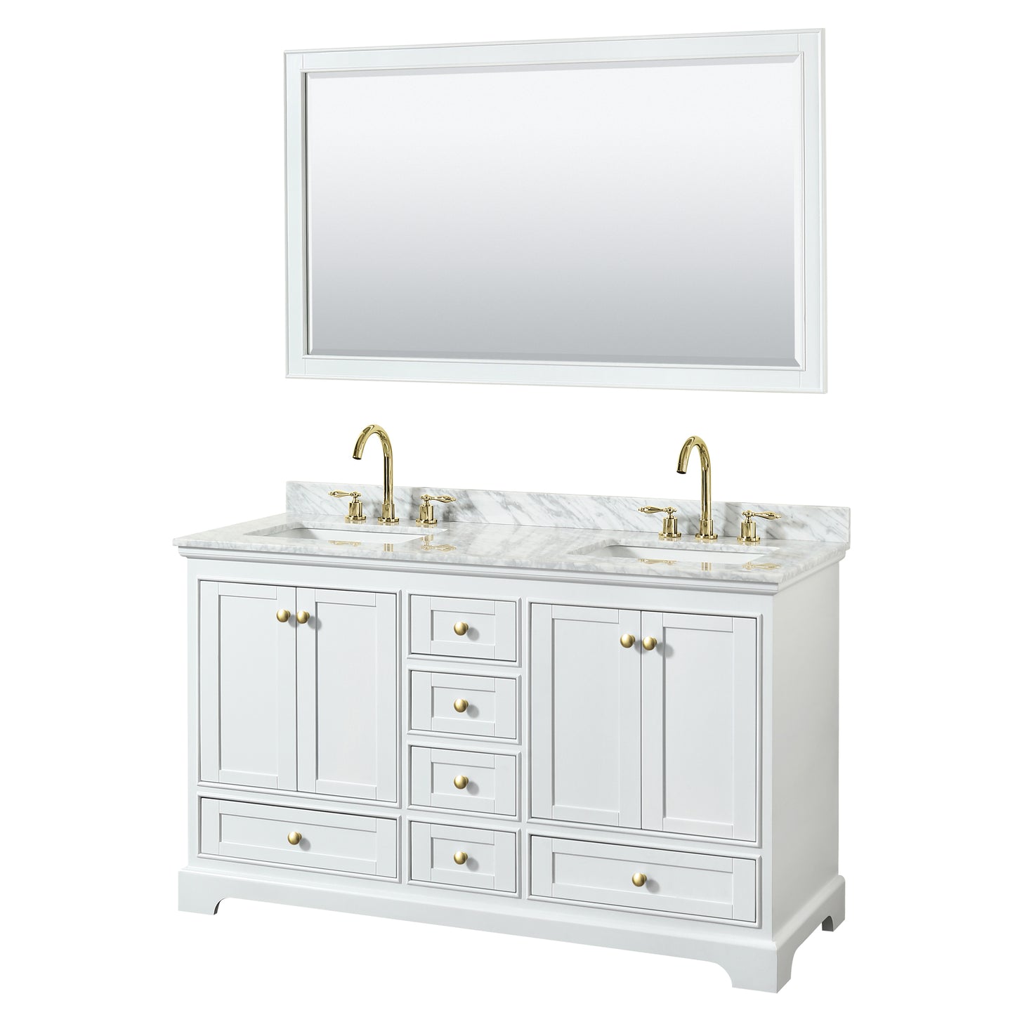 Wyndham Collection Deborah 60 Inch Double Bathroom Vanity in White, White Carrara Marble Countertop, Undermount Square Sinks, Brushed Gold Trim - Luxe Bathroom Vanities