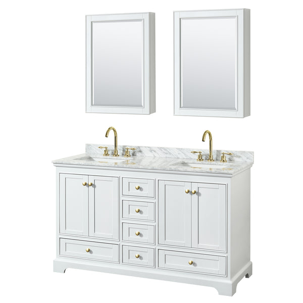 Wyndham Collection Deborah 60 Inch Double Bathroom Vanity in White, White Carrara Marble Countertop, Undermount Square Sinks, Brushed Gold Trim - Luxe Bathroom Vanities