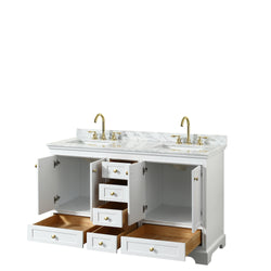 Wyndham Collection Deborah 60 Inch Double Bathroom Vanity in White, White Carrara Marble Countertop, Undermount Square Sinks, Brushed Gold Trim - Luxe Bathroom Vanities