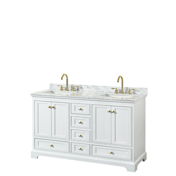 Wyndham Collection Deborah 60 Inch Double Bathroom Vanity in White, White Carrara Marble Countertop, Undermount Square Sinks, Brushed Gold Trim - Luxe Bathroom Vanities