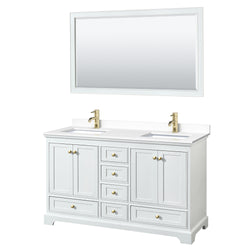 Wyndham Collection Deborah 60 Inch Double Bathroom Vanity in White, Marble Countertop, Undermount Square Sinks, Brushed Gold Trim - Luxe Bathroom Vanities