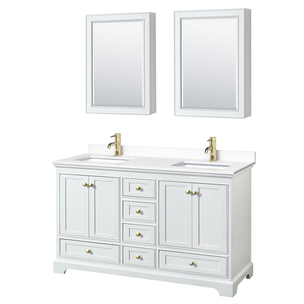 Wyndham Collection Deborah 60 Inch Double Bathroom Vanity in White, Marble Countertop, Undermount Square Sinks, Brushed Gold Trim - Luxe Bathroom Vanities