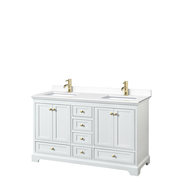 Wyndham Collection Deborah 60 Inch Double Bathroom Vanity in White, Marble Countertop, Undermount Square Sinks, Brushed Gold Trim - Luxe Bathroom Vanities