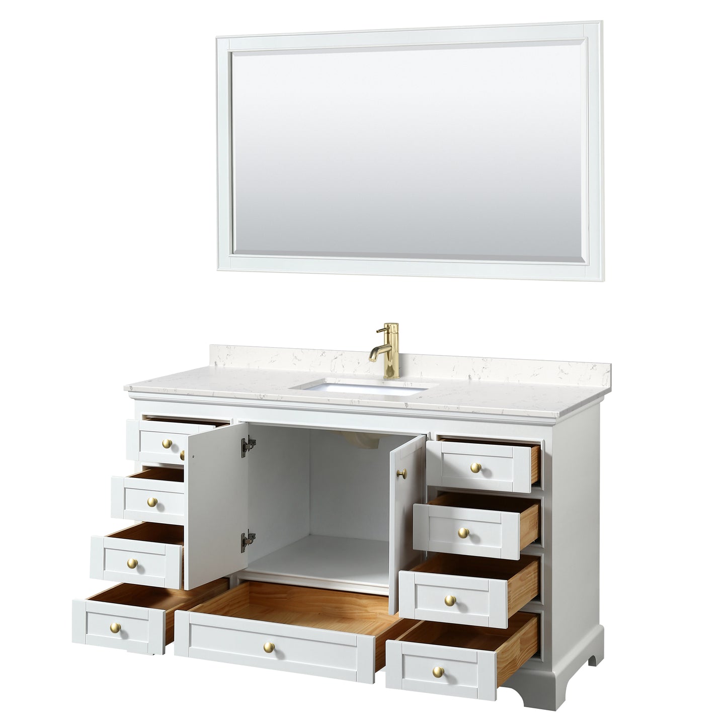 Wyndham Collection Deborah 60 Inch Single Bathroom Vanity in White, Marble Countertop, Undermount Square Sink, Brushed Gold Trim - Luxe Bathroom Vanities