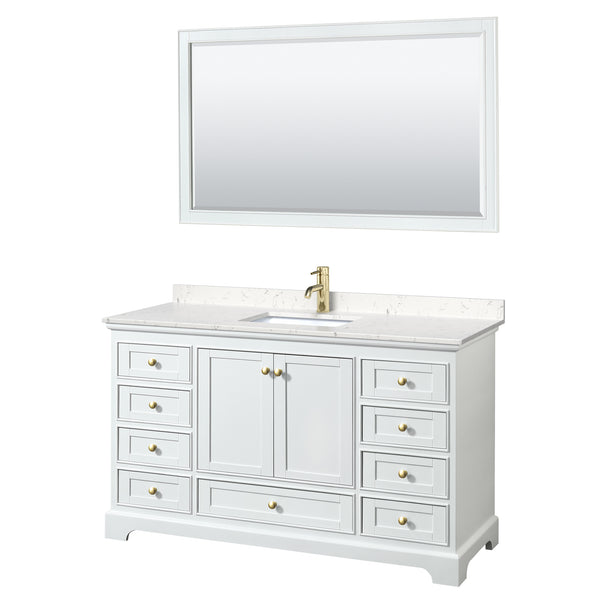 Wyndham Collection Deborah 60 Inch Single Bathroom Vanity in White, Marble Countertop, Undermount Square Sink, Brushed Gold Trim - Luxe Bathroom Vanities