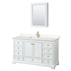 Wyndham Collection Deborah 60 Inch Single Bathroom Vanity in White, Marble Countertop, Undermount Square Sink, Brushed Gold Trim - Luxe Bathroom Vanities