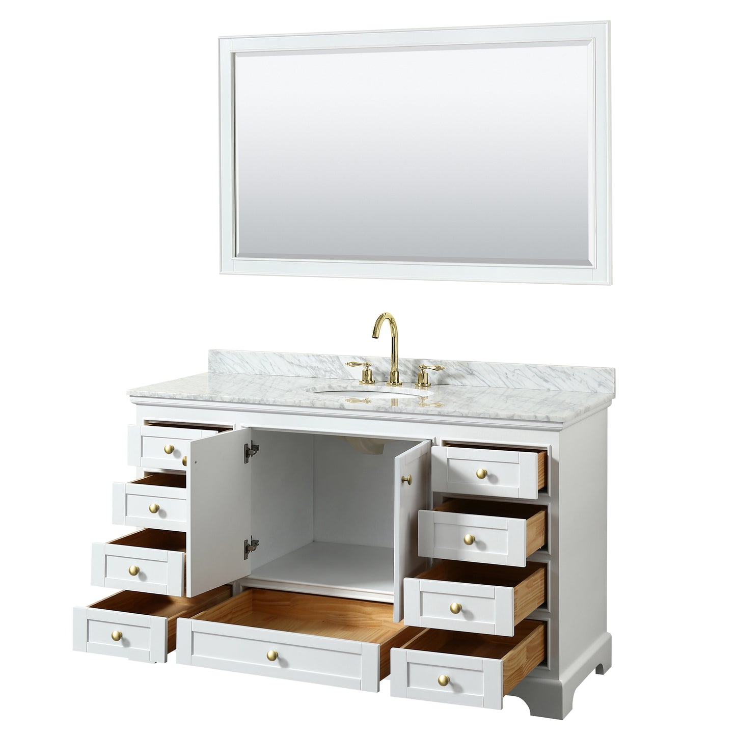 Wyndham Collection Deborah 60 Inch Single Bathroom Vanity in White, White Carrara Marble Countertop, Undermount Oval Sink, Brushed Gold Trim - Luxe Bathroom Vanities