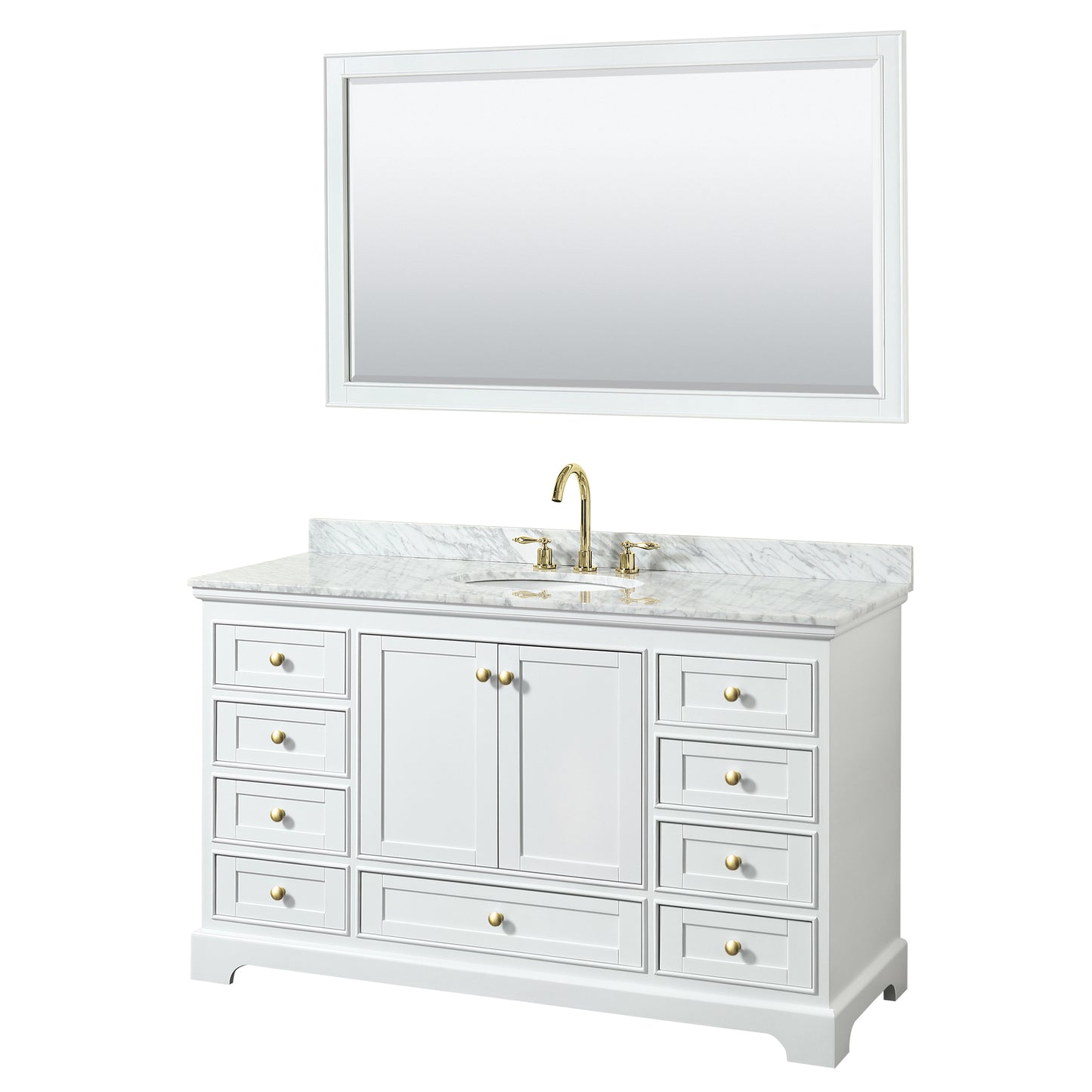 Wyndham Collection Deborah 60 Inch Single Bathroom Vanity in White, White Carrara Marble Countertop, Undermount Oval Sink, Brushed Gold Trim - Luxe Bathroom Vanities