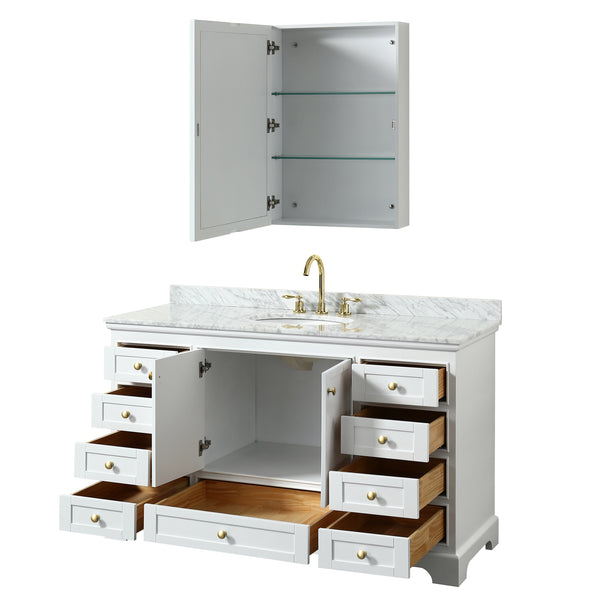 Wyndham Collection Deborah 60 Inch Single Bathroom Vanity in White, White Carrara Marble Countertop, Undermount Oval Sink, Brushed Gold Trim - Luxe Bathroom Vanities