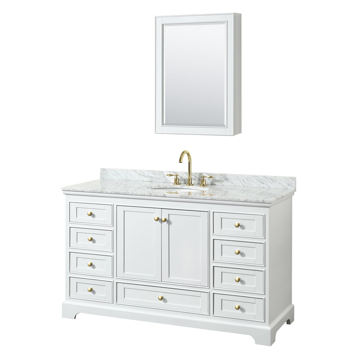 Wyndham Collection Deborah 60 Inch Single Bathroom Vanity in White, White Carrara Marble Countertop, Undermount Oval Sink, Brushed Gold Trim - Luxe Bathroom Vanities