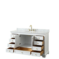 Wyndham Collection Deborah 60 Inch Single Bathroom Vanity in White, White Carrara Marble Countertop, Undermount Oval Sink, Brushed Gold Trim - Luxe Bathroom Vanities