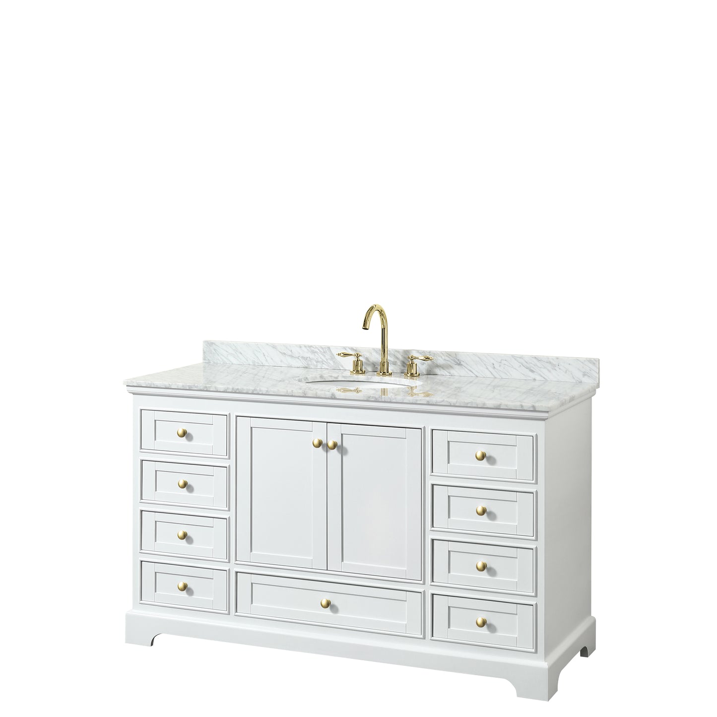 Wyndham Collection Deborah 60 Inch Single Bathroom Vanity in White, White Carrara Marble Countertop, Undermount Oval Sink, Brushed Gold Trim - Luxe Bathroom Vanities