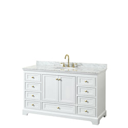 Wyndham Collection Deborah 60 Inch Single Bathroom Vanity in White, White Carrara Marble Countertop, Undermount Oval Sink, Brushed Gold Trim - Luxe Bathroom Vanities